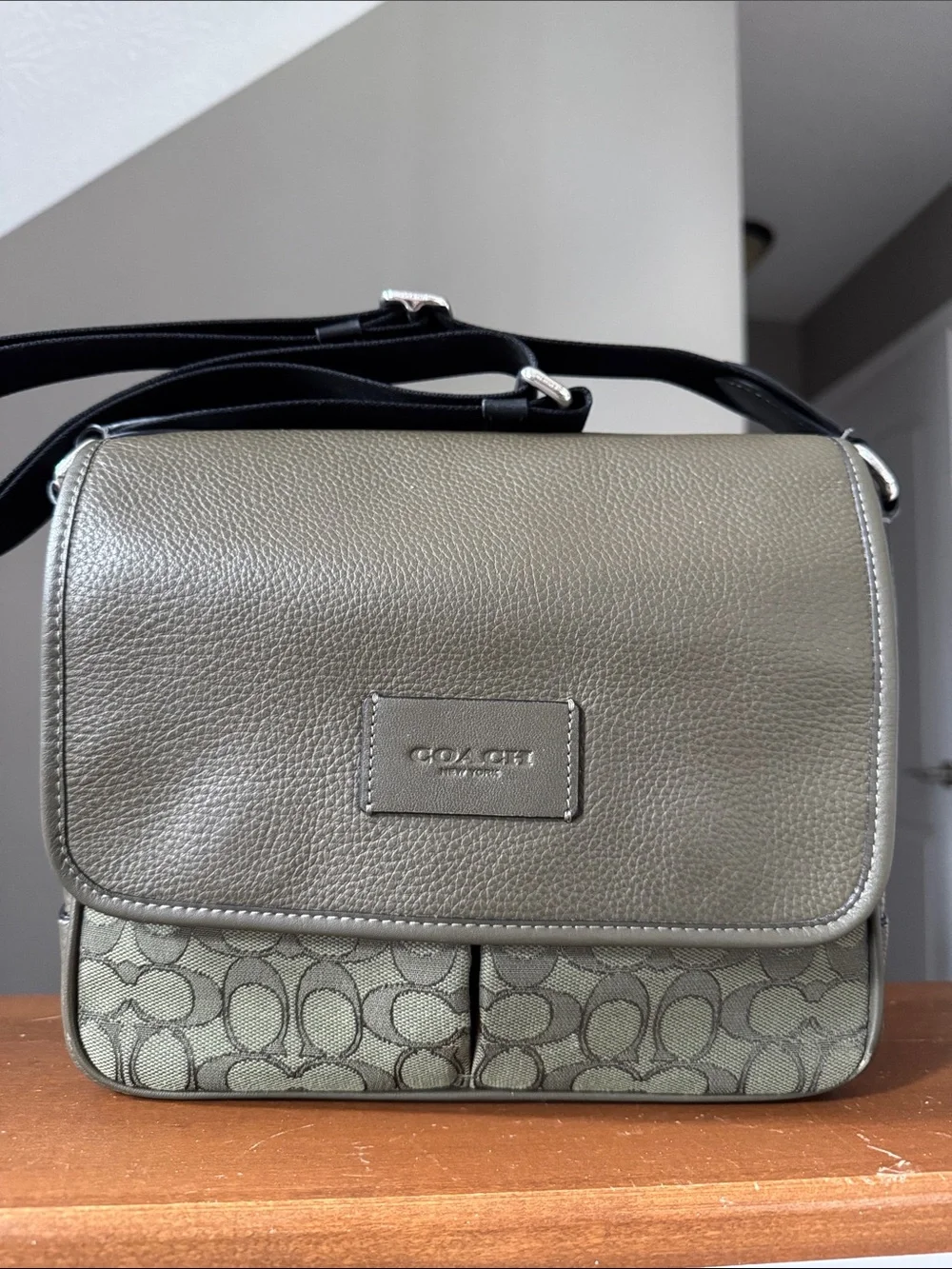 COACH Olive Green Pebble Leather & Signature Canvas Crossbody